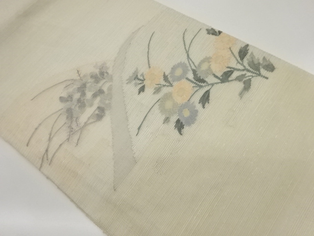 JAPANESE FUKURO OBI FOR SUMMER / GIN-TOSHI / WOVEN FLORAL PLANTS